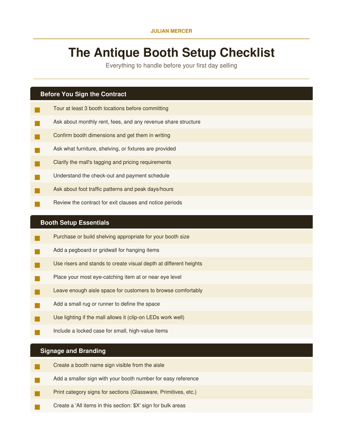 Page 1 of The Antique Booth Setup Checklist, covering contract questions and booth setup essentials